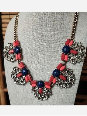J. Crew Statement Necklace Navy Cabachons Oxidized Brass Coral Clear Rhinestone